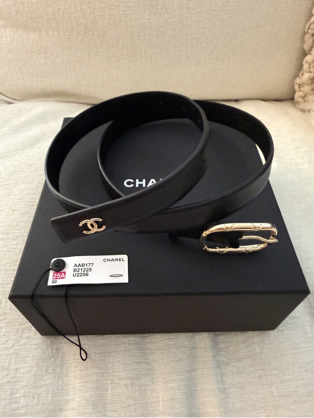 CHANEL Black Leather Belt with Gold CC Detail and Gold Buckle